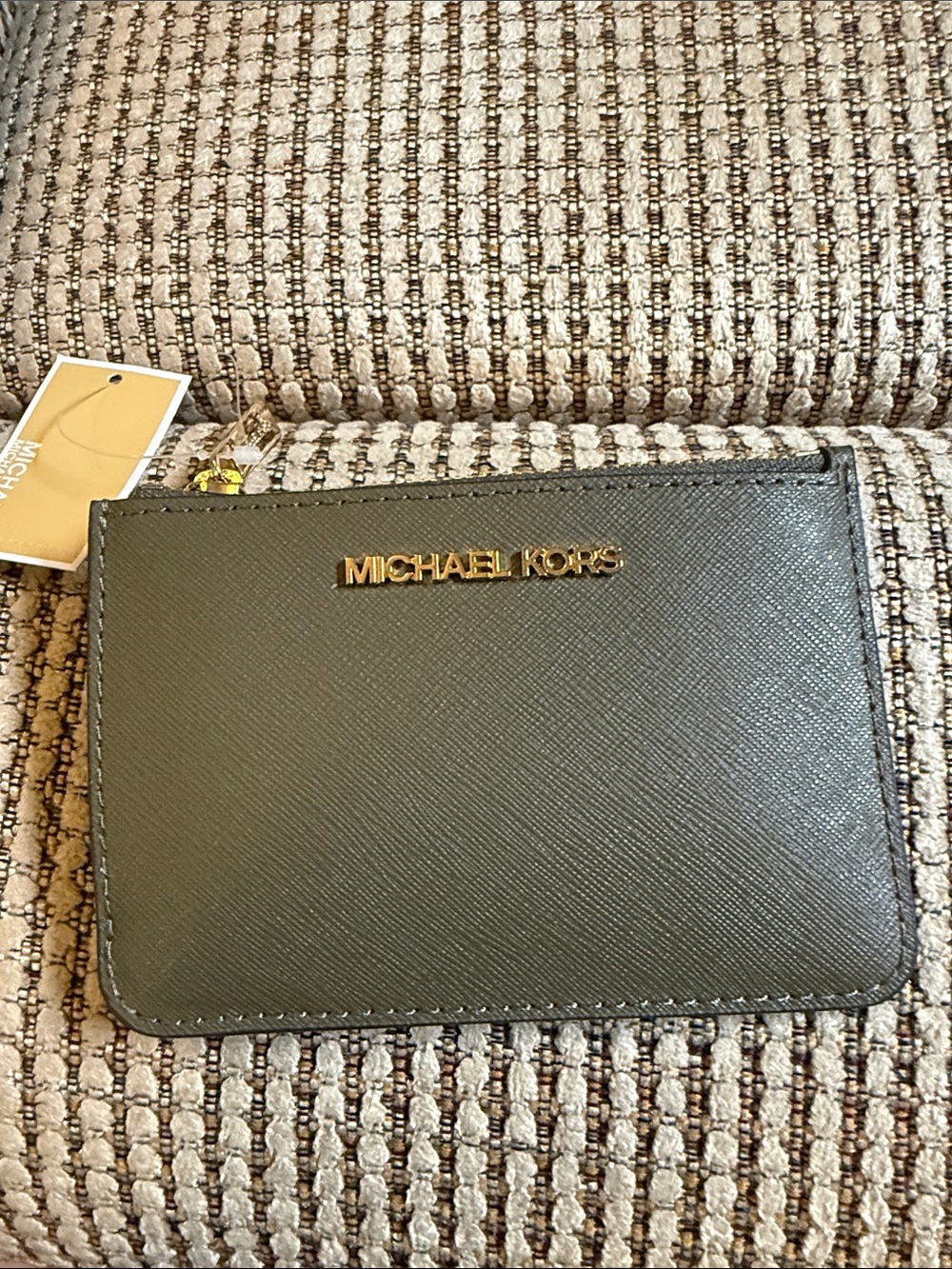 Michael Kors Olive Green Saffiano Zip Card Case with Gold Logo